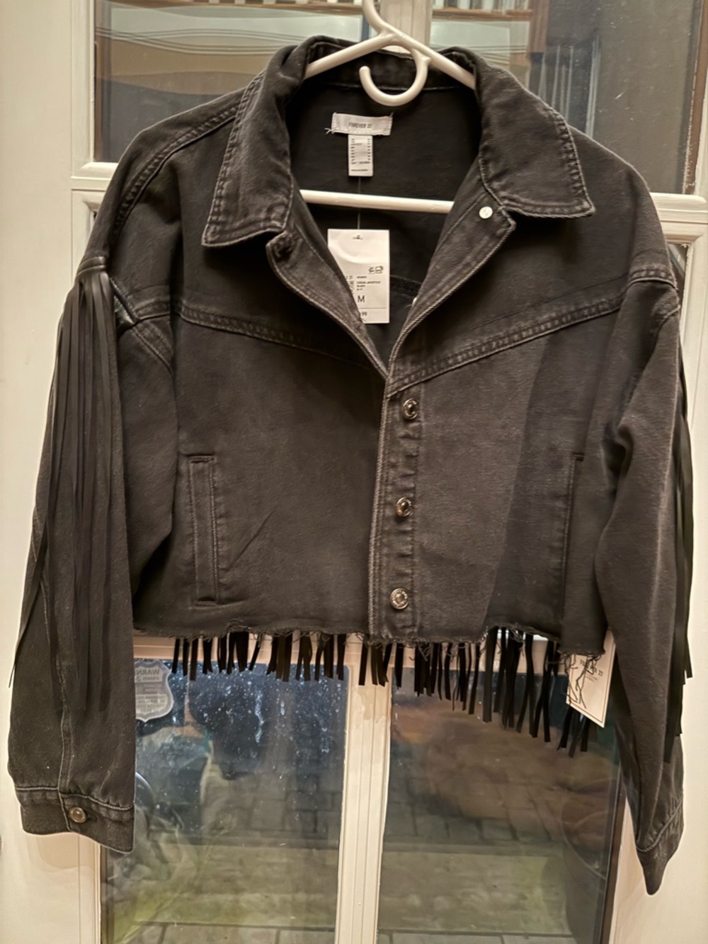 Forever 21 Black Cropped Fringe Denim Jacket